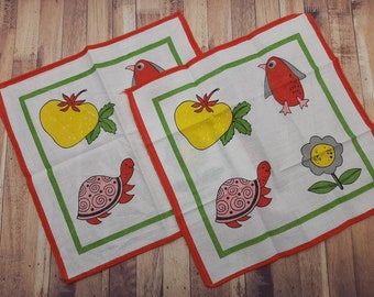 french vintage child Handkerchief   , set of 2, strawberry, turtle and bird decor, child hankie