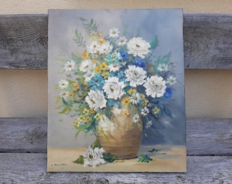 Original Floral Oil Painting - signed C.Rielland- french vintage art - White and blue  flowers Bouquet , still life floral painting