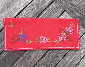 French vintage red  napkin case  or hankies pouche , hand made embroidered  , napkin holders