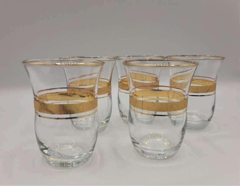 Set de 5 Français Petits Verres Vintage avec Décor Doré, Apéritifs ou à Liqueur, Shot