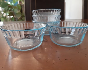 Set of 5 Vintage blue glass fruit  bowls , blue glass cups ,
