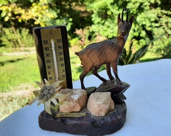 French vintage thermometer with mouflon and edelweiss decor,  Celsius thermometer, Pyrenees souvenir, wooden and brass thermometer