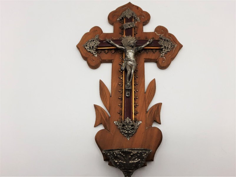Crucifix Antique en Bois Français avec Police d'eau Bénite Pweter, Crucifix de Jésus-Christ,