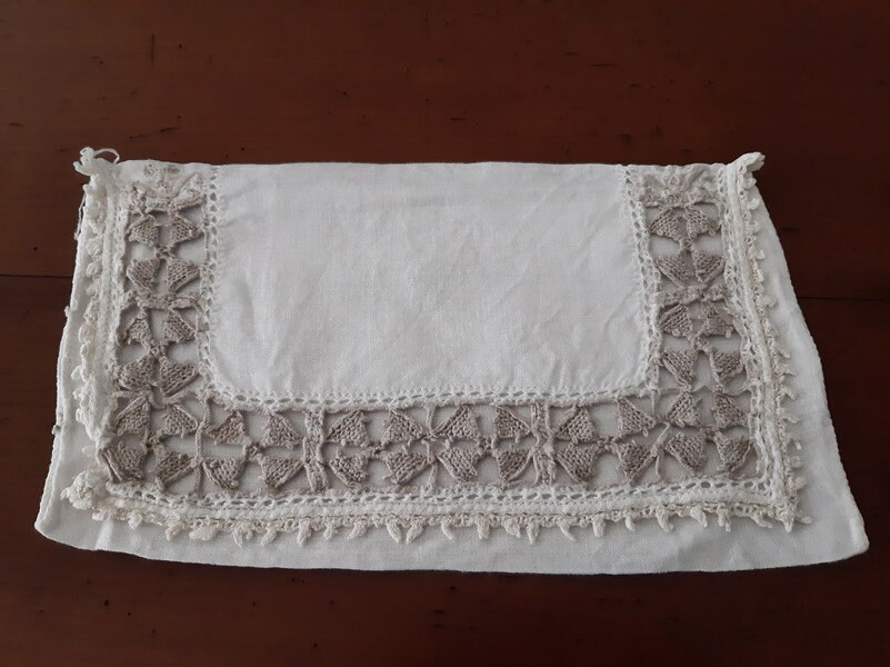 Français Étui à Serviettes en Lin Blanc Antique ou Pochette Hankies, Décor Beige Brodé La Main, Garn