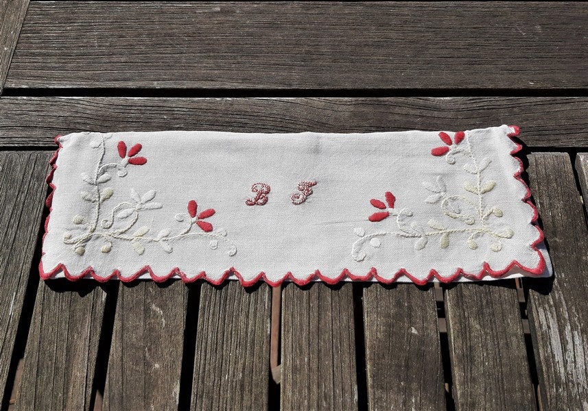 Français Étui à Serviettes en Lin Blanc Antique ou Pochette Hankies, Monogramme Bf, Décor Floral Bro