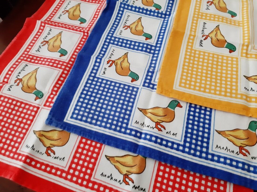 Vintage Dish Towels, Checked Fabric Towels With Yellow Ducks Decor, 6