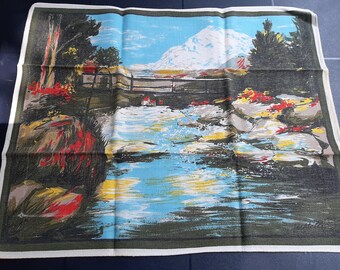 French Vintage  dish towel,   ,mountain and river  decor