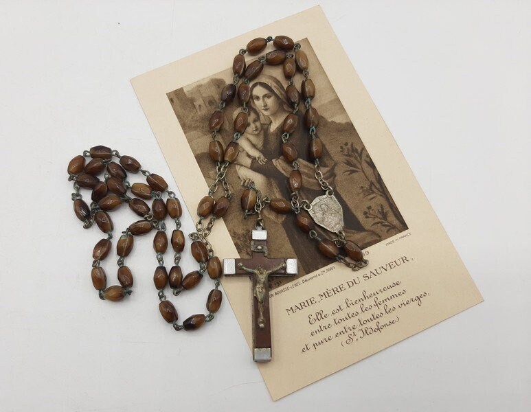 Chapelet Antique Français Perles de Verre Brun Foncé avec Crucifix, Chapelet Catholique Religieux