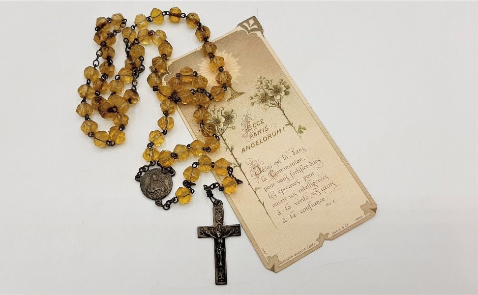 Français Perles de Verre Jaune Rosaire Antique, Crucifix en Laiton, Sainte Thérèse Lisieux et Médail