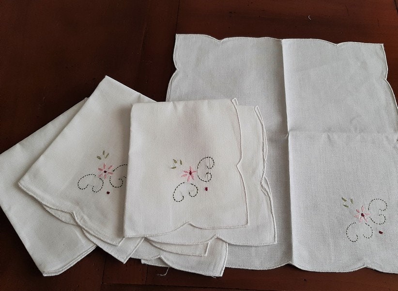 Ensemble de 6 Serviettes Français Linge Blanc Vintage, Brodées à La Main, Décor Floral Rose