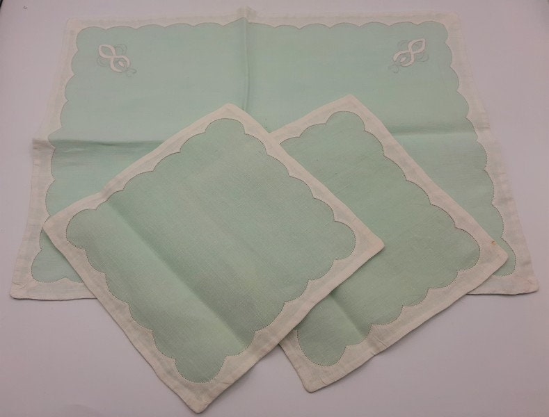 Français Ancien Tissu de Plateau en Lin Vert Menthe et Ensemble 2 Serviettes, Brodé à La Main, Verte