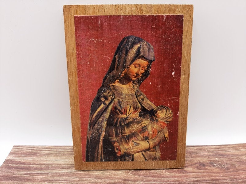 Français Portrait d'enfant Vintage de Sainte Marie et Jésus, Copie Imprimée sur Une Plaque en Bois, 