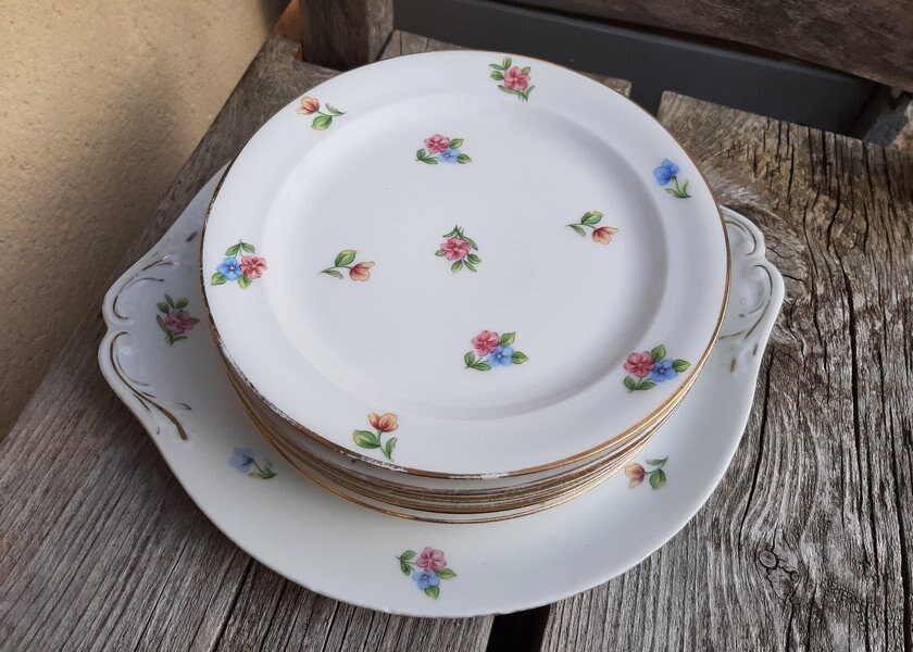 Plaques de Dessert Antiques Limoges et Assiette Service Gâteau, Décor Floral Rose, Ensemble 6 França