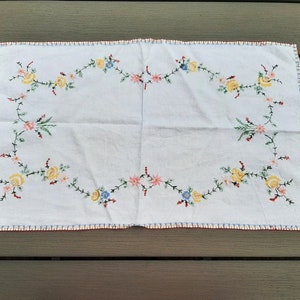 French antique white linen  table center or table runner, hand made embroidered with pink and yellow floral decor