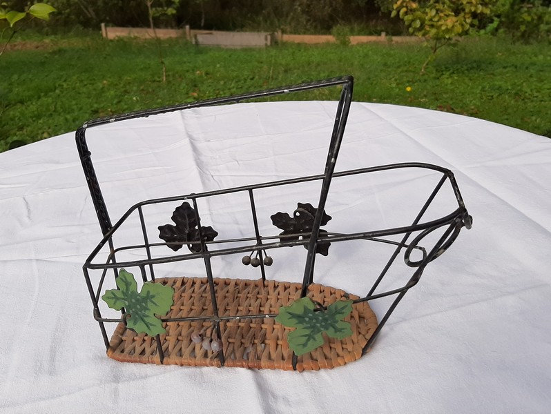 Vintage Français Panier de Bouteille Vin, Osier Vin et Panier Fil, Décor Feuille Figue, Porteur/Supp