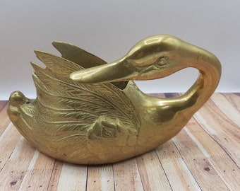 Vintage brass swan planter, large swan figurine, large bras swan vase