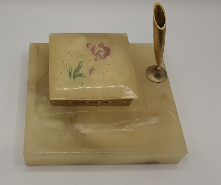Français Support de Stylo Onyx Vintage et Boîte Bibelots avec Décor Floral Peint à La Main, Ensemble