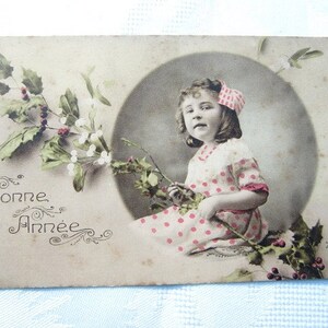 Felice anno nuovo cartolina francese antica, cartolina vintage per bambina, cartolina per bambino piccolo