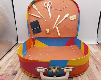 Maleta de costura vintage francesa para niños, pequeña maleta de cartón,