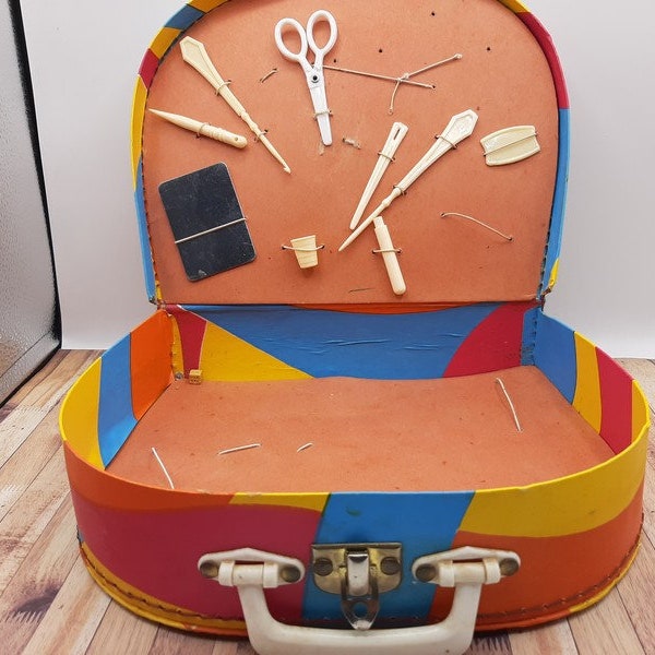 French vintage chidren sewing suitcase, small cardboard suitcase,