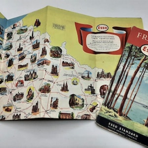 1950  ESSO vintage illustrated France map,   french vintage map