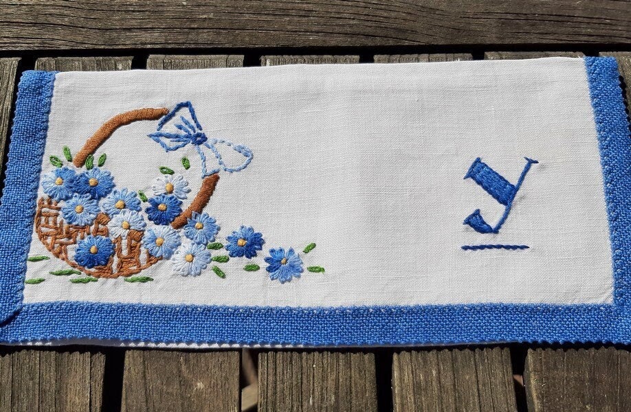 Français Étui à Serviettes en Lin Blanc Antique ou Pochette Hankies, Monogramme Y, Décor Floral Bleu