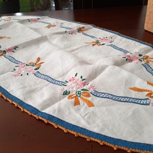 French antique white linen   table runner, hand made embroidered with pink floral decor