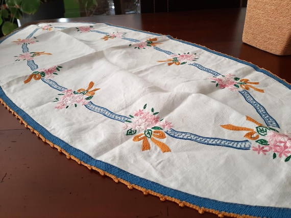 French antique white linen   table runner, hand made embroidered with pink floral decor