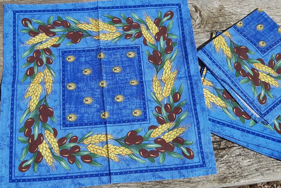 Set de 5 Français Serviettes Provençales Bleu Jaune Vintage, Olives et Décor Paille