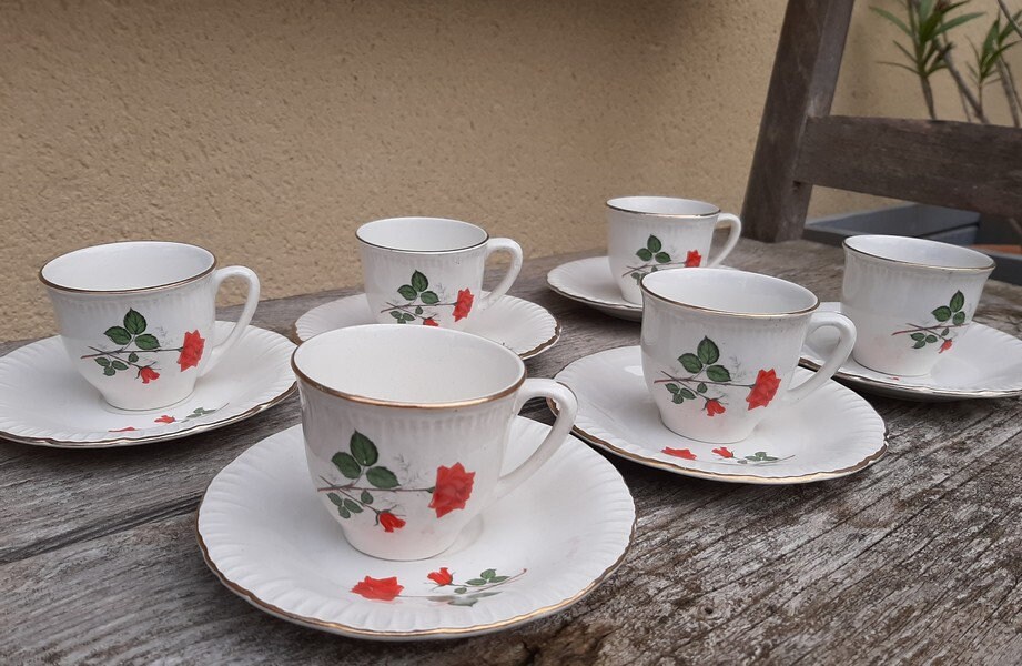 Digoin Tasses à Café et Soucoupes , Ensemble de 6 Motif Sevigne, Décoration Florale Roses Rouges, Di