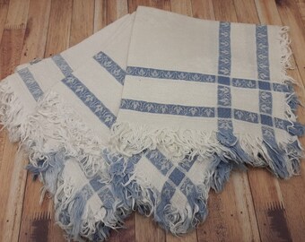 set of 6 antique french damasked linen napkins , white and blue plaid stripes and  fringes, 2 sets available