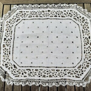 French antique white linen table center ,hand made embroideries