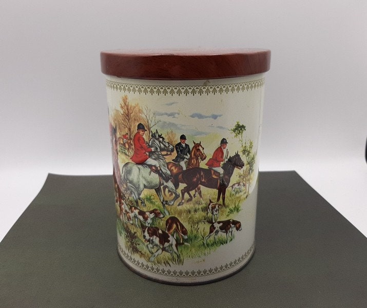 Français Boîte en Étain Ronde Vintage, Chasse avec Décor de Chiens, à Biscuits, Sucre, Café