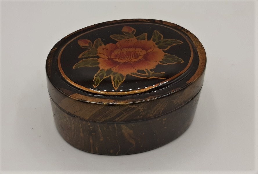 Boîte Laquée en Bois Vintage, Boîte à Bijoux Noire, Décor Floral Asiatique Peint La Main, Bibelots,