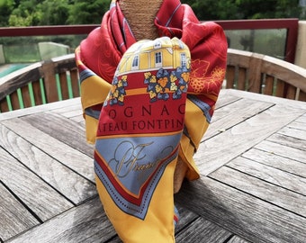 FRAPIN COGNAC  vintage silk scarf , Castel decor, red a,d yellow silk  Scarf ,french vintage silk scarf