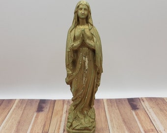 French  antique chalkware  holy Mary  figurine, golden Virgin Mary figurine