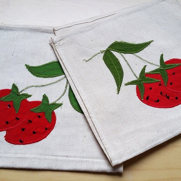 French vintage  linen napkins , strawberries   decor, set of 2
