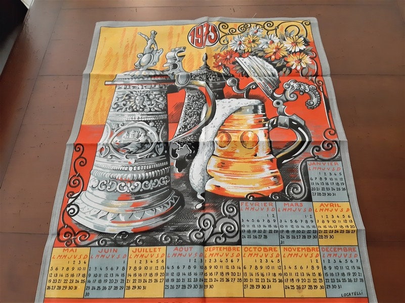 1975 Français Torchon de Calendrier Vintage, Décoration Tasses à Bière,