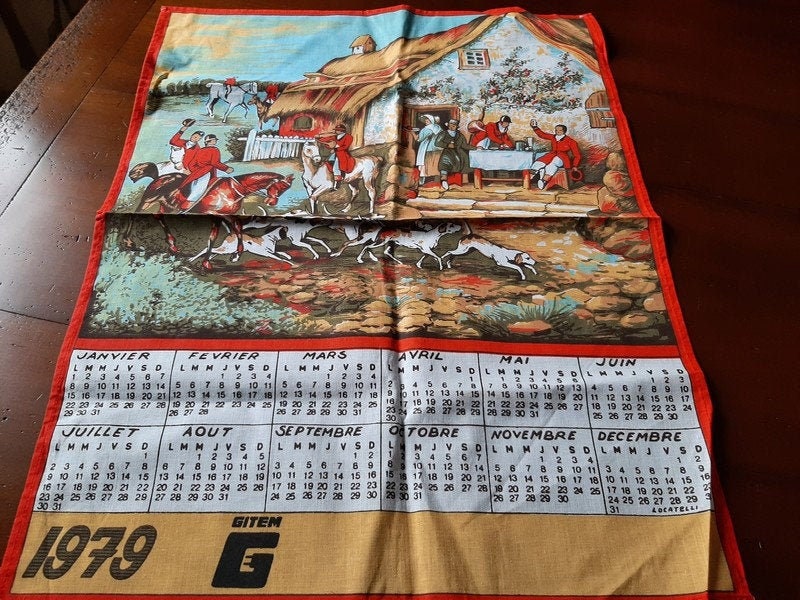 1979 Français Serviette de Vaisselle Calendrier Vintage, Chasse avec Décor Chiens, Tissu Plat Linge,