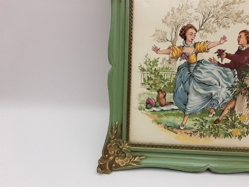 boudoir portrait,wooden framed tile portrait Vintage framed ceramic tile Marie Antoinette style romantic scene inspired by Watteau