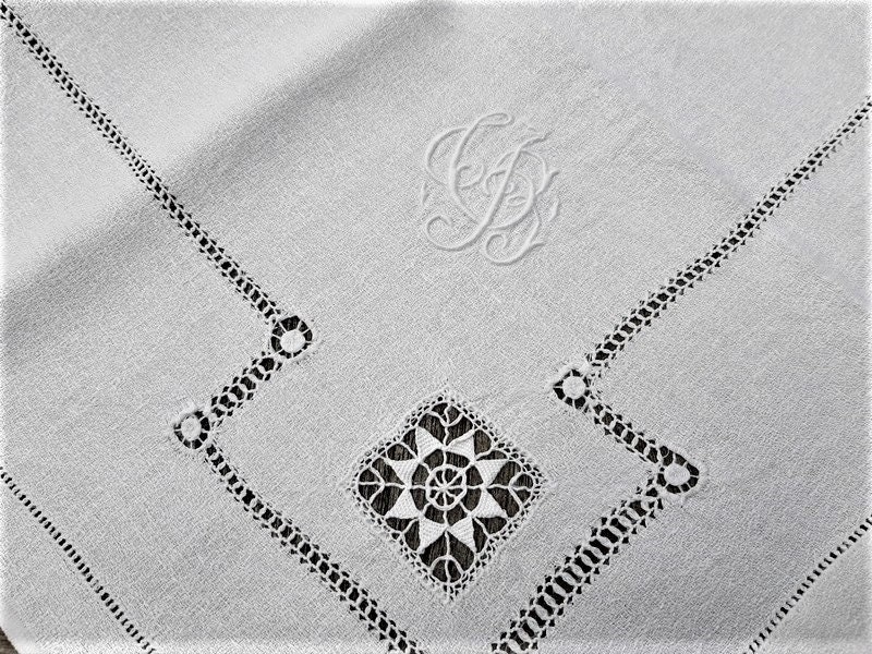 Ensemble de 6 Serviettes Français en Lin Damassé Blanc Antique, Extra Larges, Monogramme Tb Brodé à 