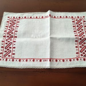 French antique white linen table center , hand made embroidered with pink  geometric decor,