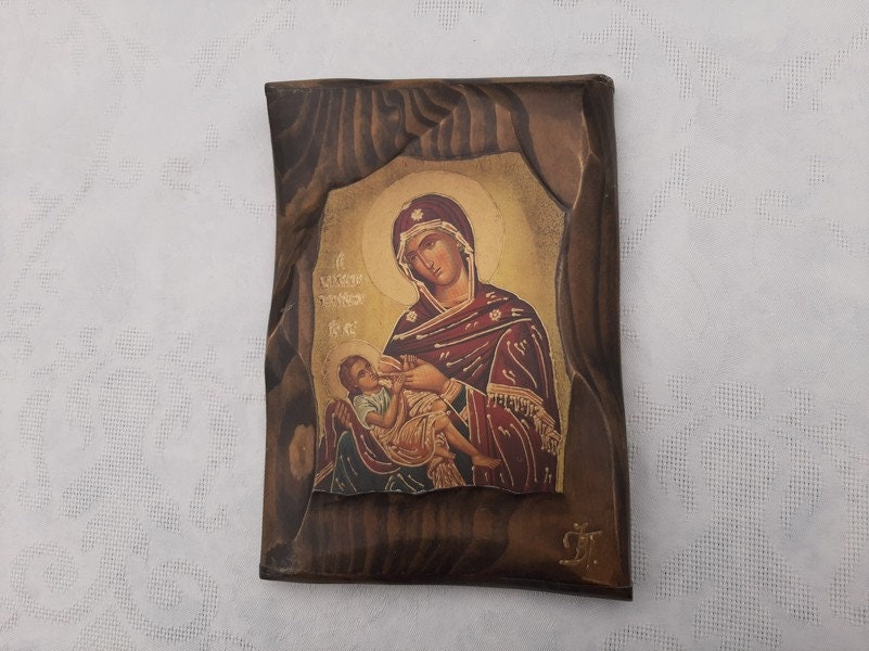 Français Portrait d'enfant Vintage de Sainte Marie et Jésus, Plaque en Bois Peinte à La Main, Souven