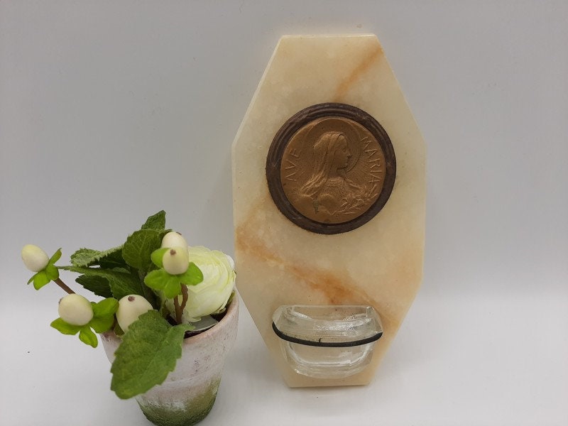 Français Police Antique d'eau Bénitée de Marbre d'onyx, Médaillon Sainte Marie, Souvenir Religieux