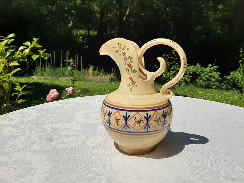 Français Pichet ou Cruche en Terre Cuite Glacé Vintage, de Terracota à Crème Blanche, Décor Floral P