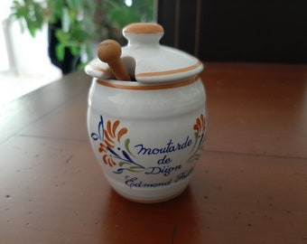 French vintage Dijon mustard  jar and wooden spoon ,  Moutarde de Dijon porcelain pot,  ceramic mustard pot