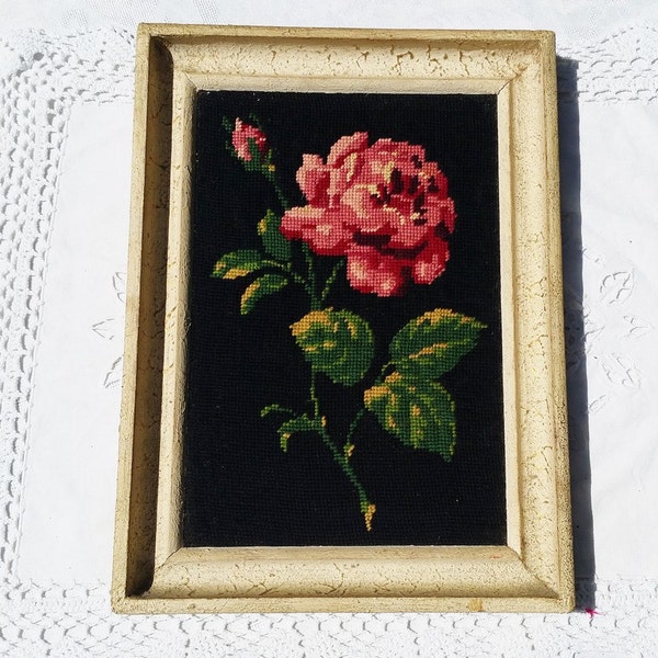 French vintage framed needlepoint tapestry,pink rose flowers ,wooden  framed tapestry ,shabby chic,black