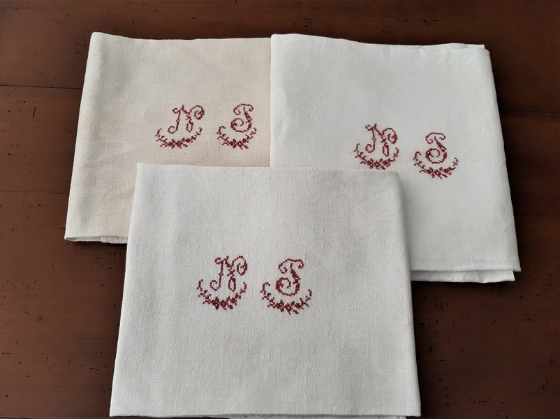 Ensemble de 3 Français Serviettes à Vaisselle en Lin Blanc Antiques, Monogram Nt, Monogramme Ntn, To