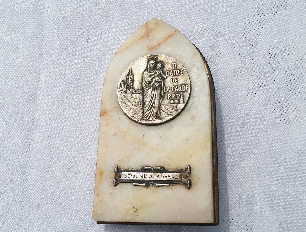 Français Antique Onyx Marbre Vierge Sainte Marie avec Plaque d'enfant Jésus, Plaque Notre Dame de La