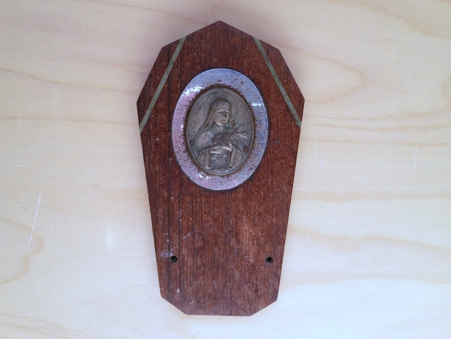 Français Plaque Antique Sainte Thérèse de Lisieux en Bois, Religieuse, Médaillon Religieux Laiton